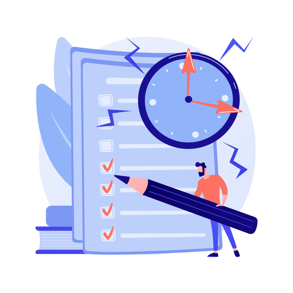 Project management, goal completion, to do list. Questionnaire survey answering. Business organization tool. Office manager with checklist and pencil. Vector isolated concept metaphor illustration